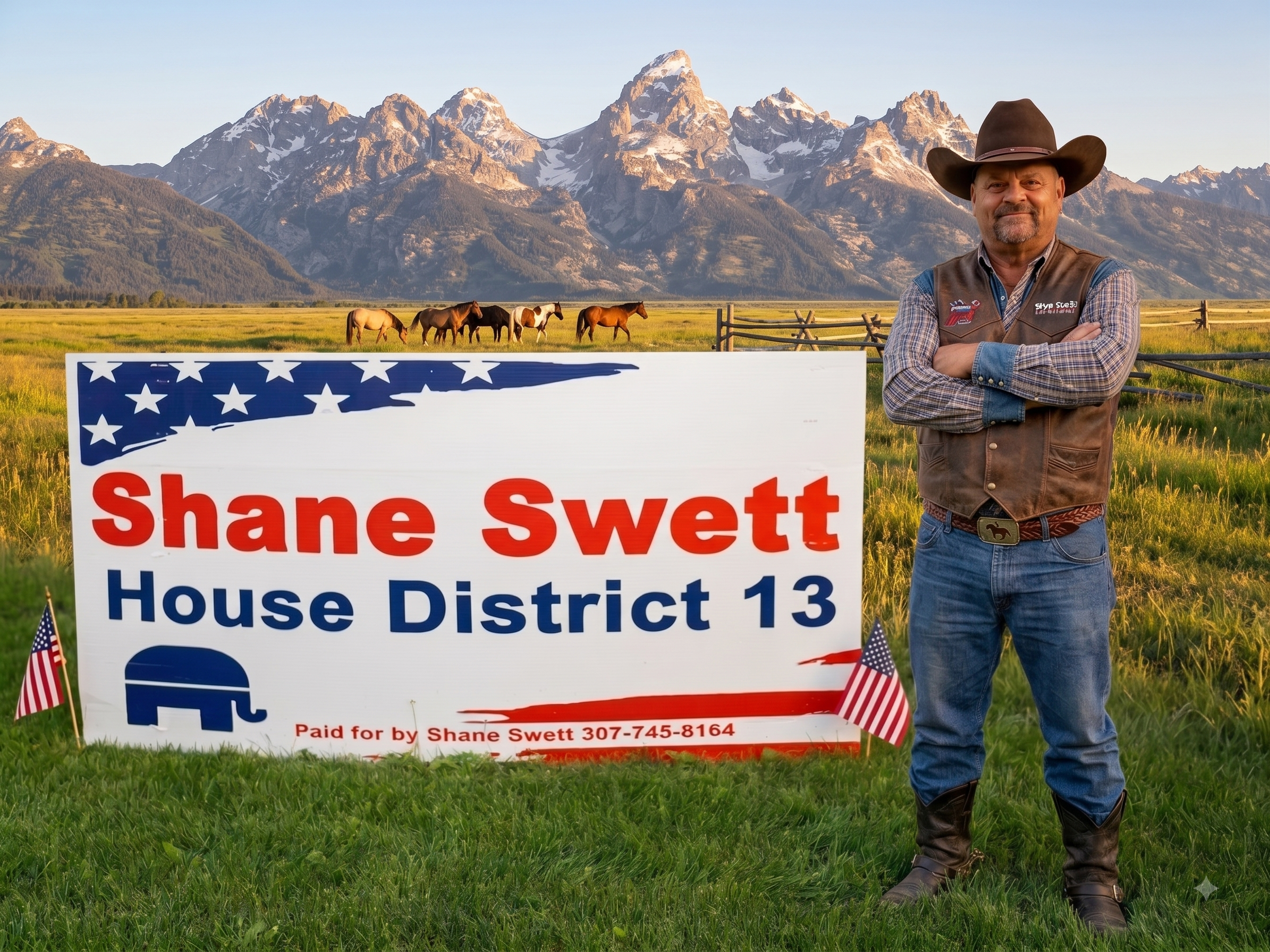 Shane Swett standing beside his House District 13 campaign yard sign with the Grand Tetons and Wyoming horses in the background