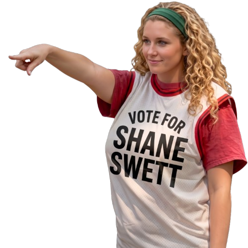 Supporter in a Vote for Shane Swett jersey pointing toward Shane's campaign poster