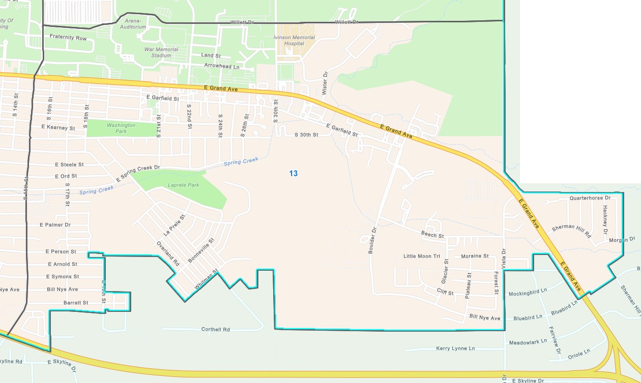 Reference map showing the Wyoming House District 13 boundary across Laramie and Albany County